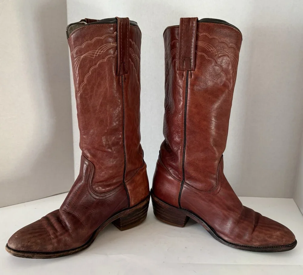 Vtg Frye Leather Cowboy Boots 3029 Brown Western Stitched USA 80s Sz 8.5 EE Wide